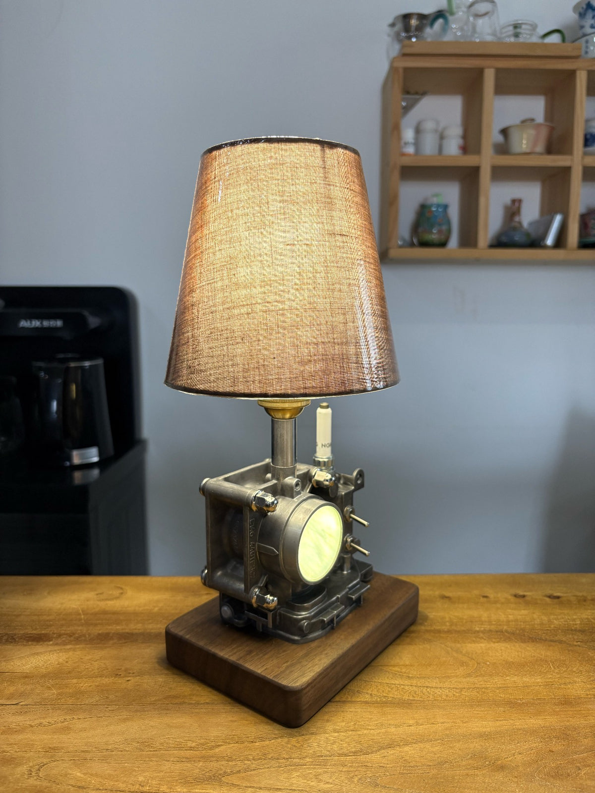 Engine Cylinder Block Table Lamp with Walnut Base