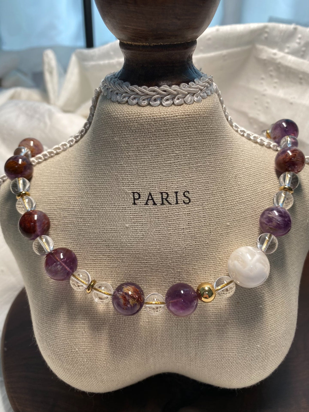 Purple White Phantom Quartz Crystal Beaded Necklace