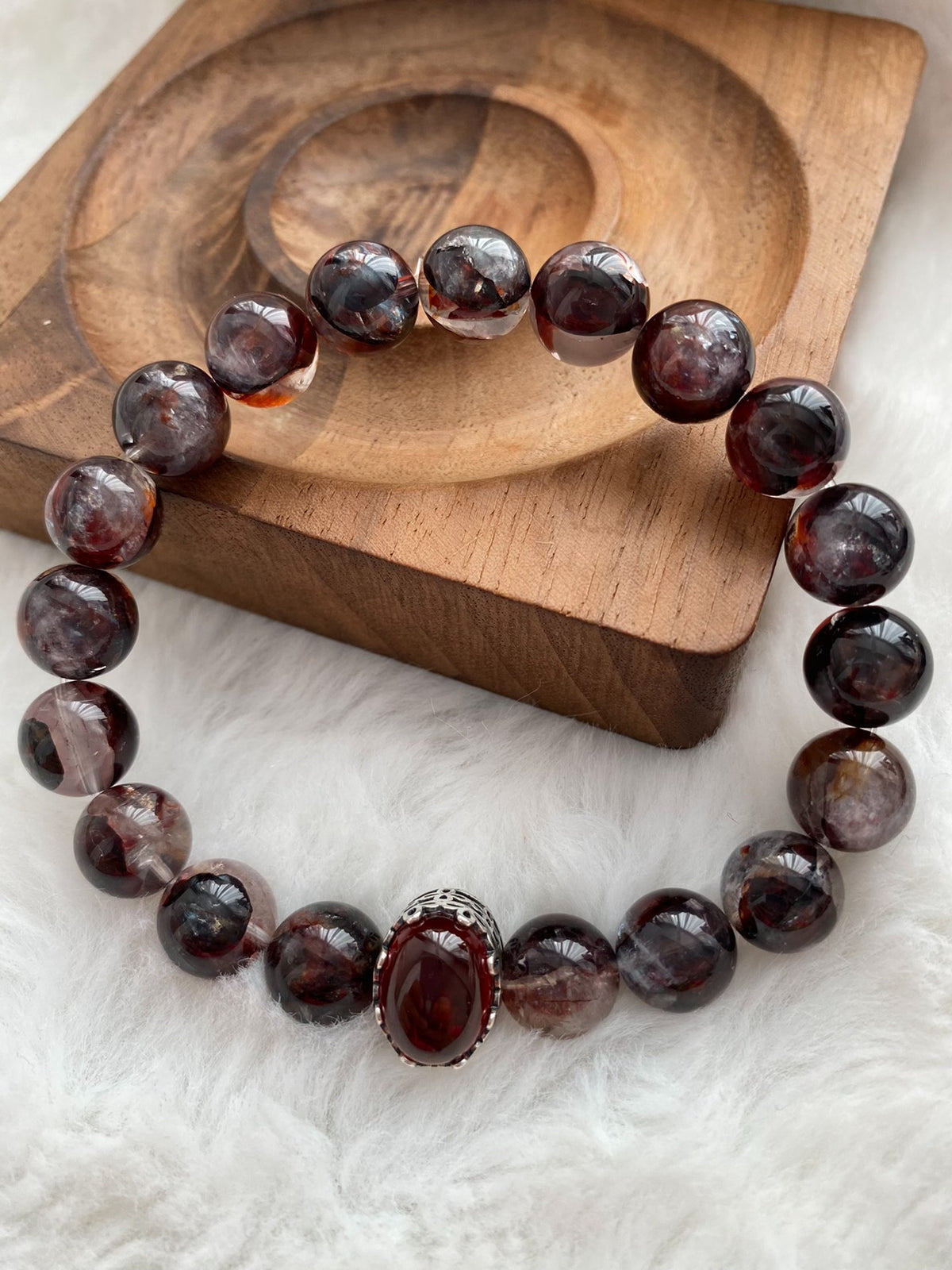Red Phantom Quartz Beaded Bracelet Silver Centerpiece