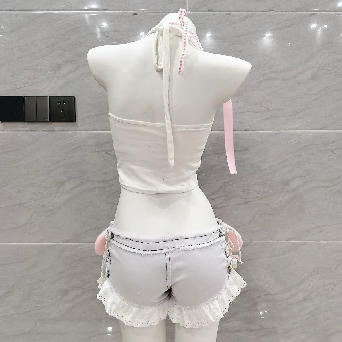 Pink White Plush Bunny Girl Two Piece Set