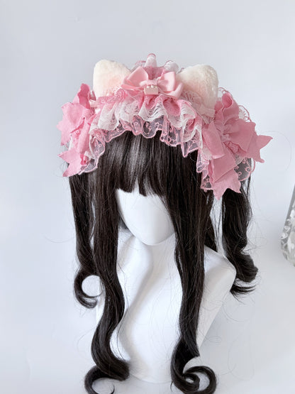 Pink Strawberry Cat Ear Lace Headband Lolita Hair Accessory