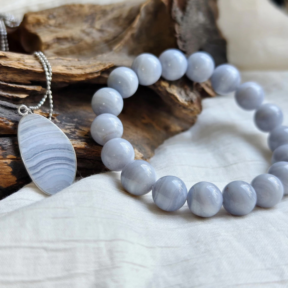 Blue Lace Agate Bracelet and Pendant Set
