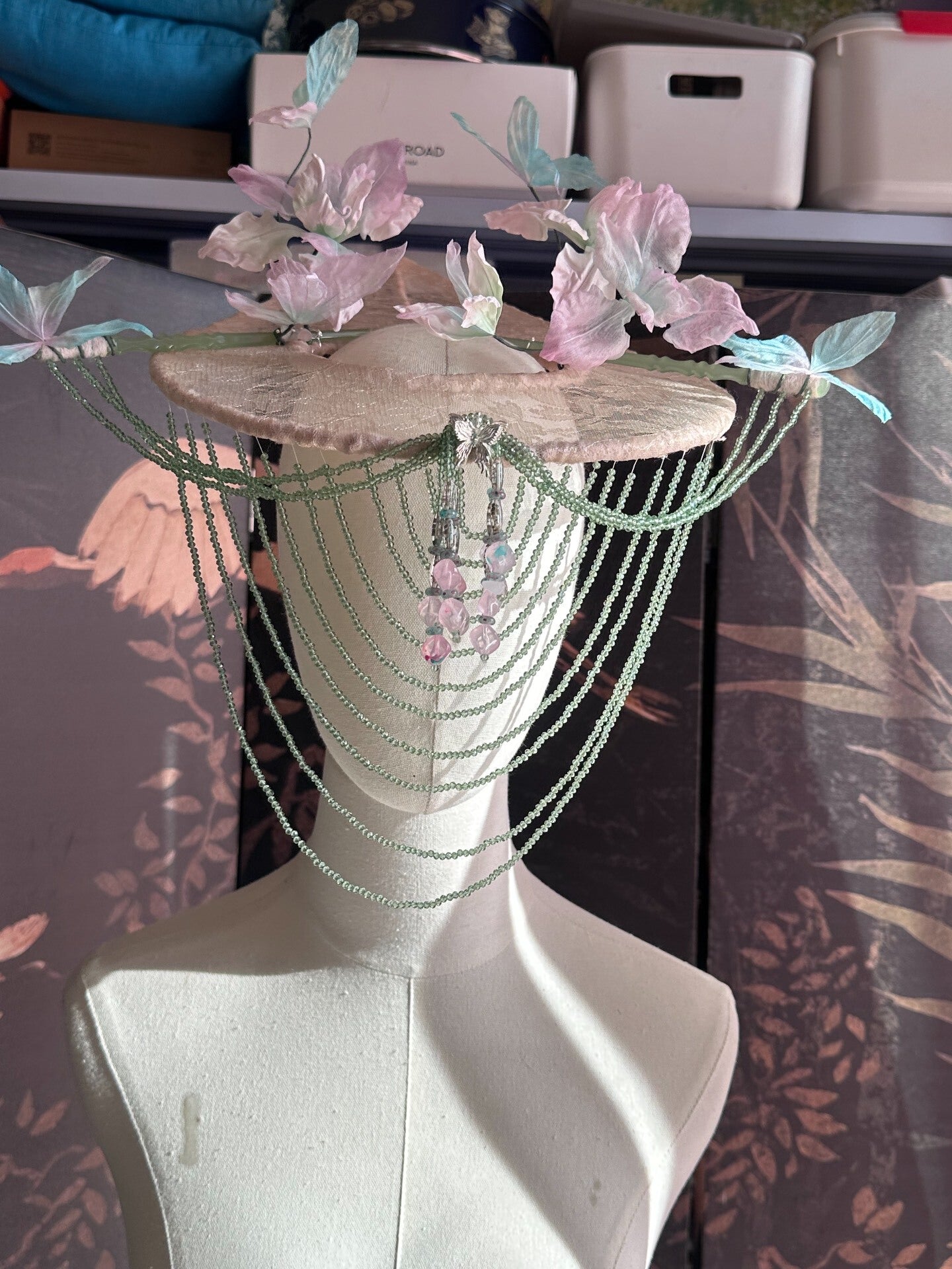Custom Silk Veil Hat with Hand-Dyed Flowers and Beaded Curtain