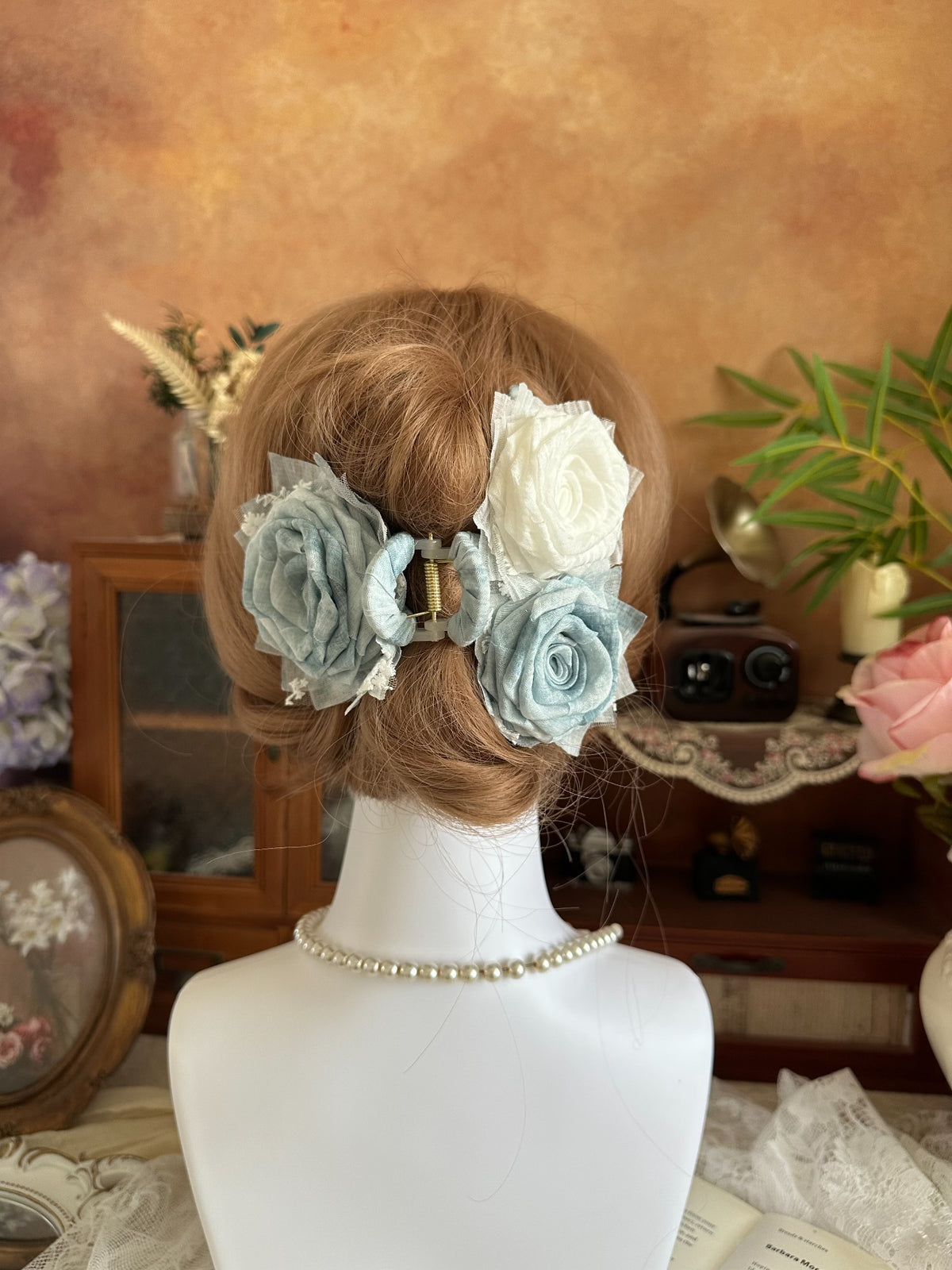 Handcrafted Fabric Rose Claw Clip Dusty Blue