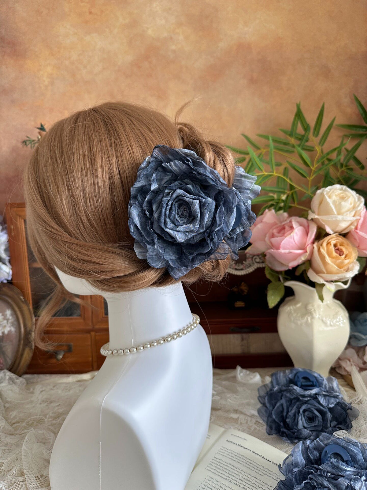 Indigo Fabric Rose Hair Claw Clip