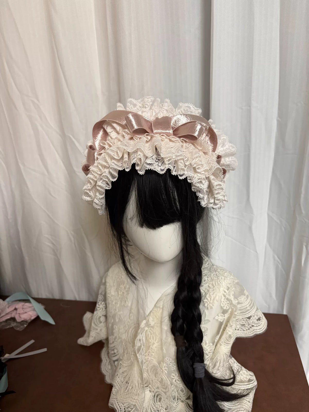 Handmade Ivory Lace Lolita Headdress with Pink Ribbon