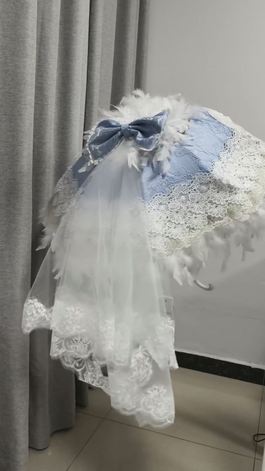 Light Blue Lolita Lace Feather Umbrella