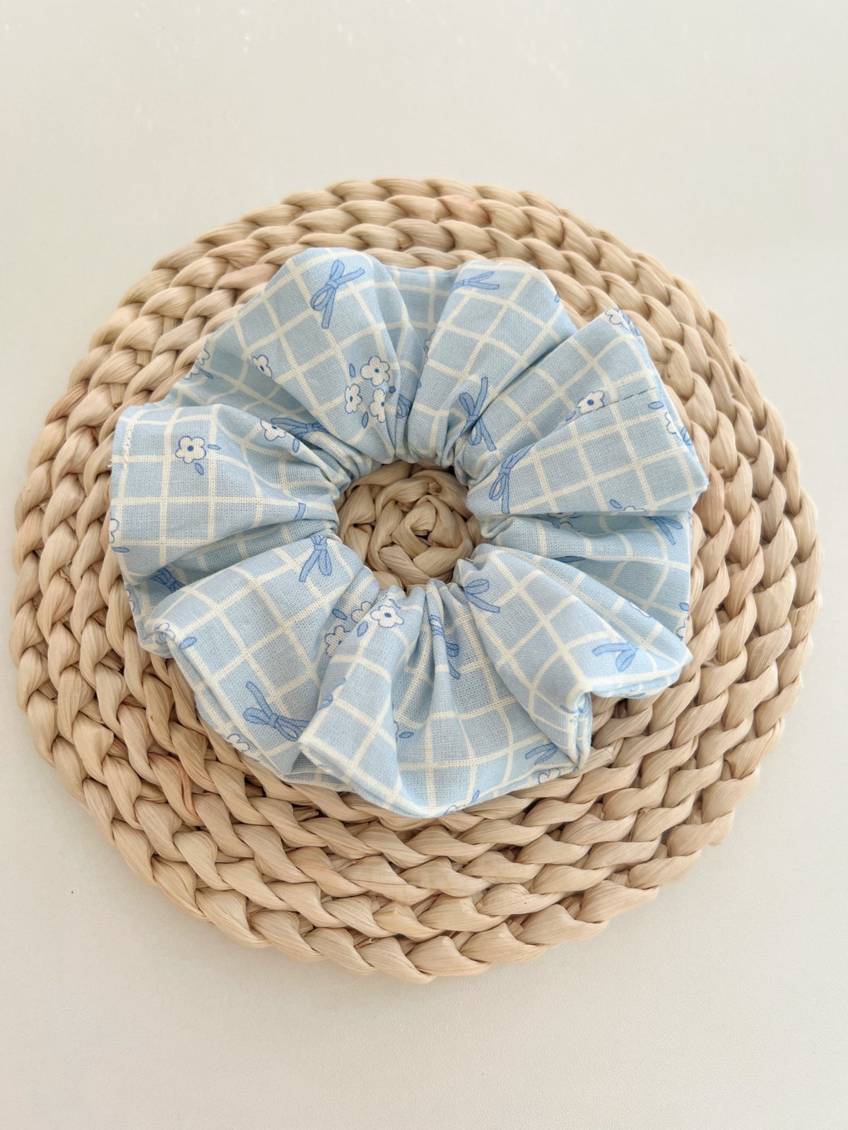 Blue Gingham Bow Print Fabric Scrunchie