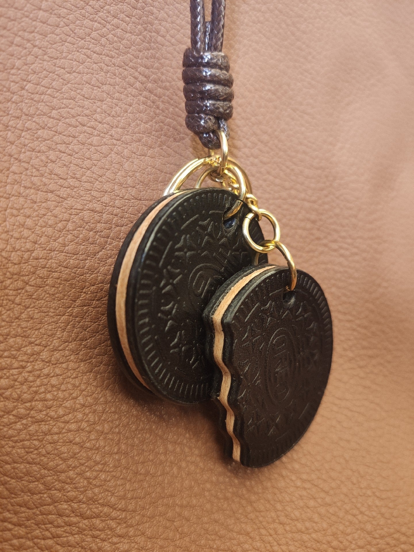 Handmade Oreo Cookie Leather Keychain with Bite Detail