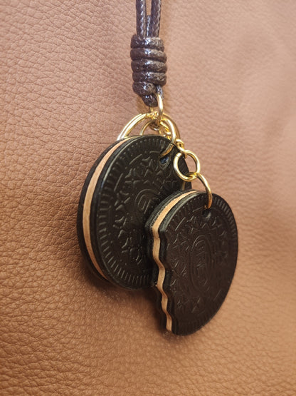 Handmade Oreo Cookie Leather Keychain with Bite Detail