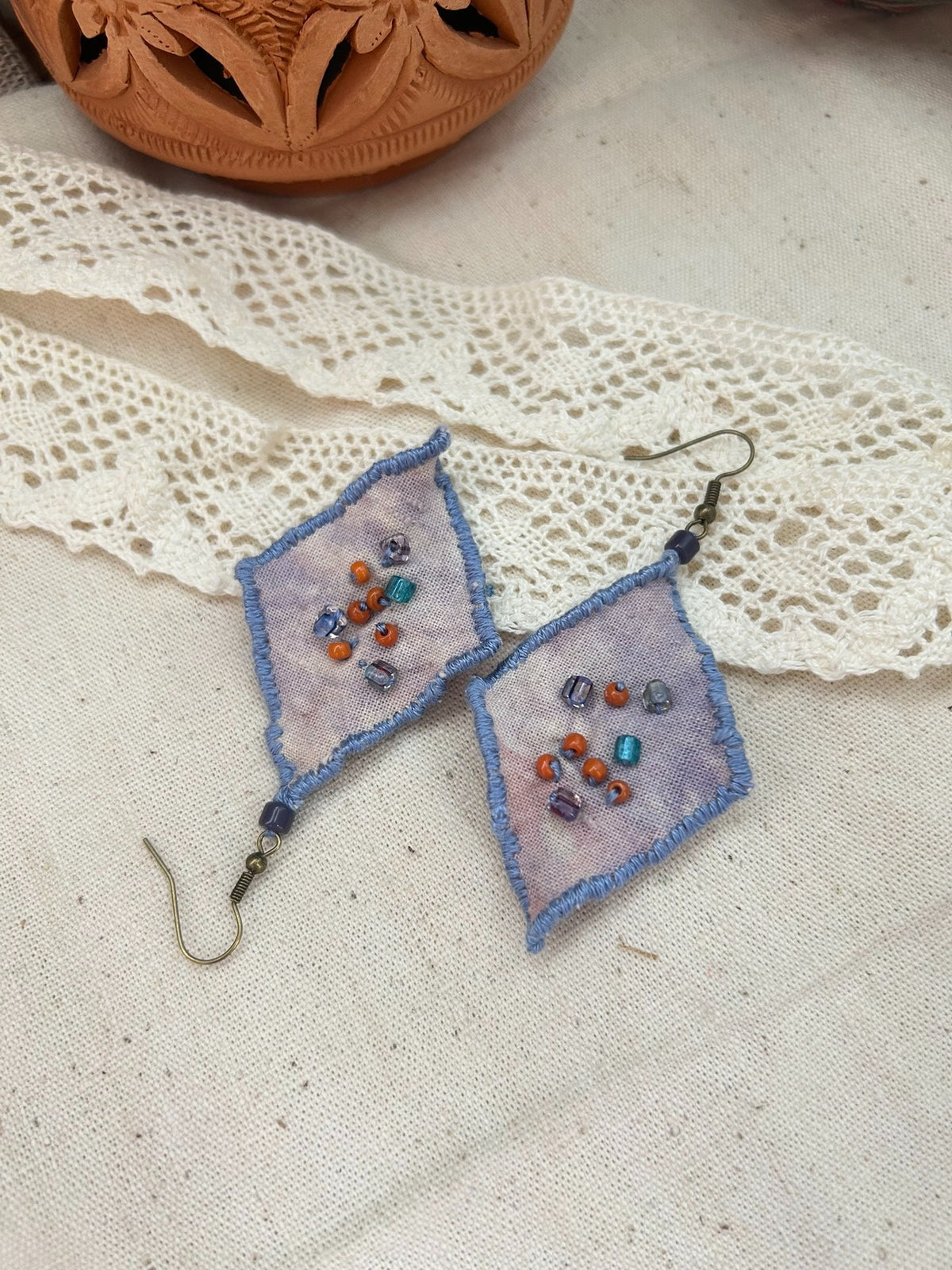 Handcrafted Fabric Earrings with Beaded Diamond Design