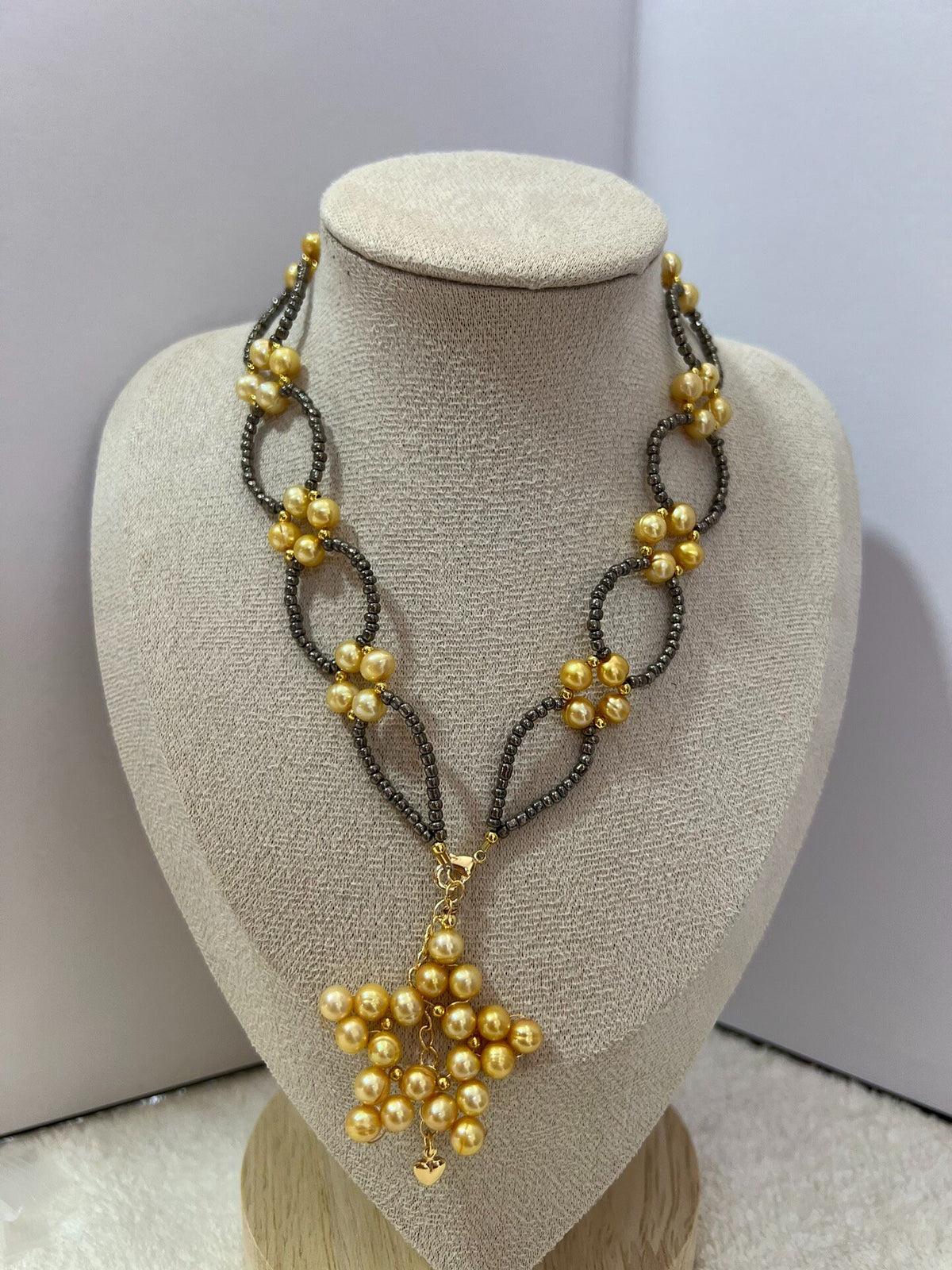 Gothic Lace Necklace Black Gold Pearl