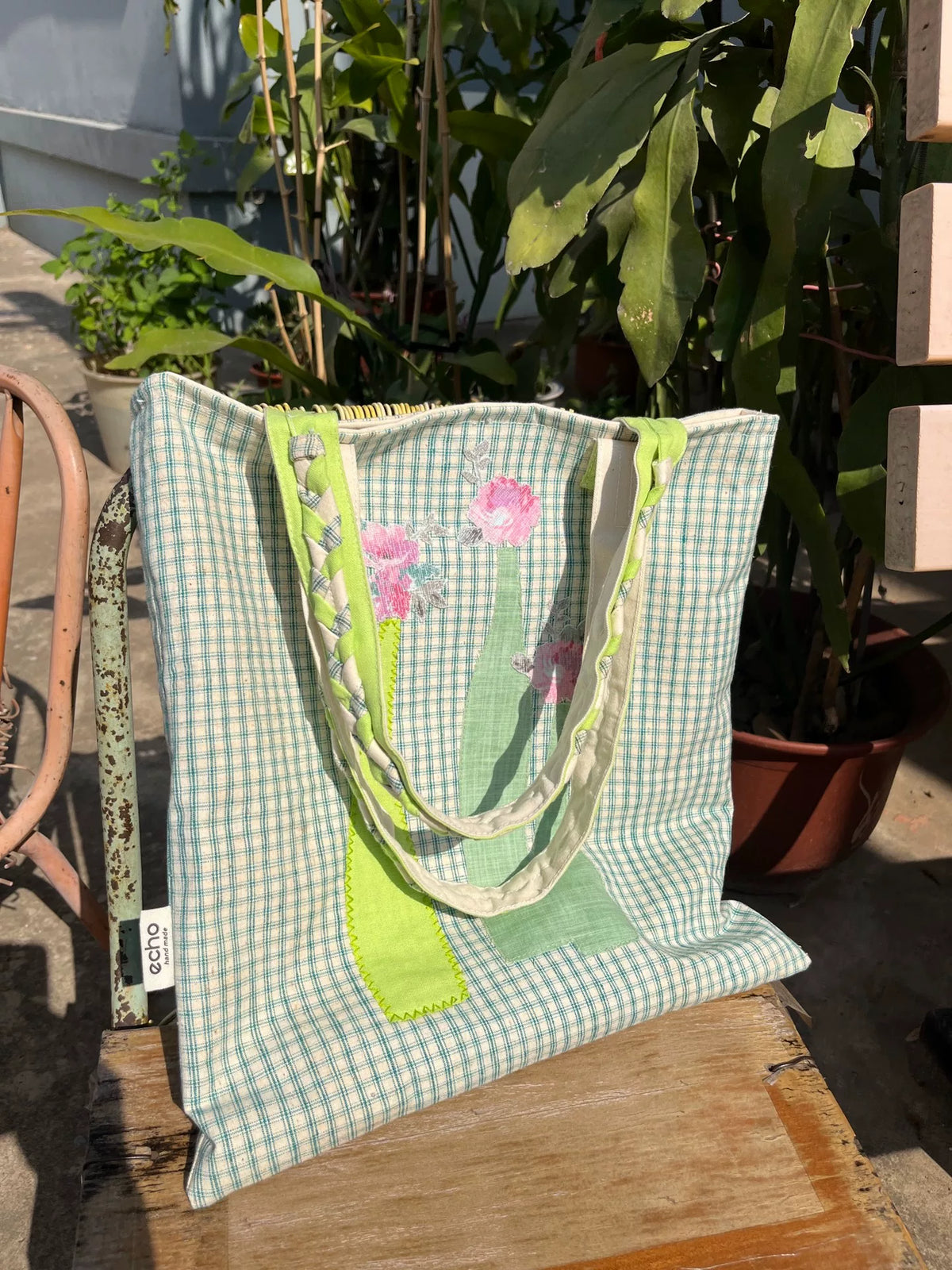 Handgefertigte Patchwork-Schultertasche Grün Karo