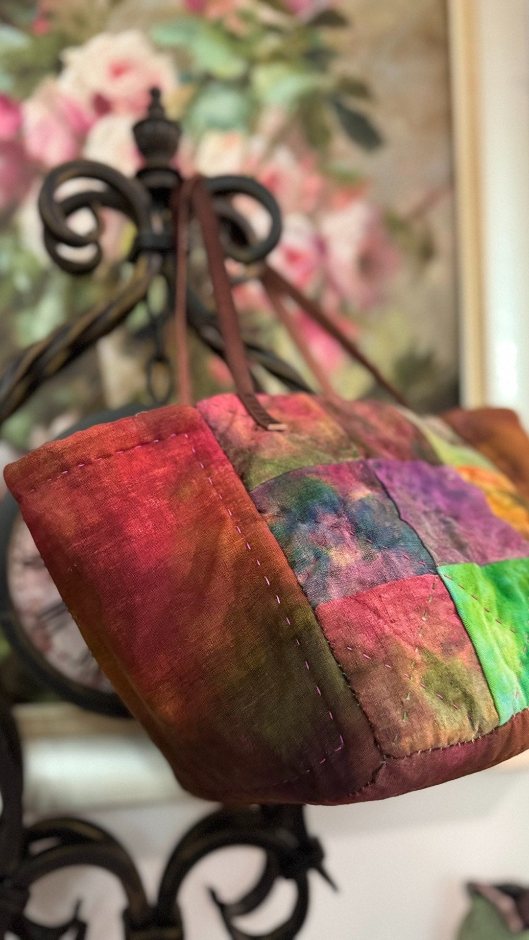 Handwoven Plant Dyed Patchwork Leather Handle Tote