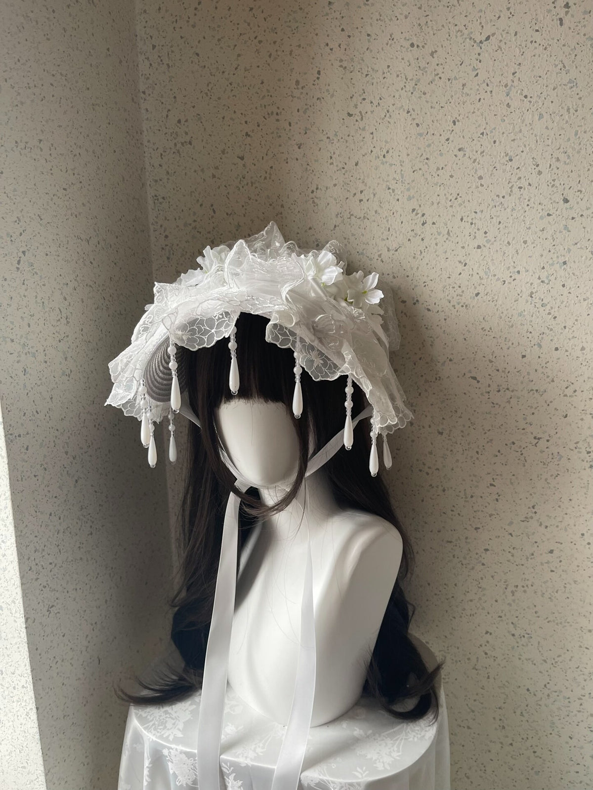 Lolita White Lace Flat Bonnet Handcrafted