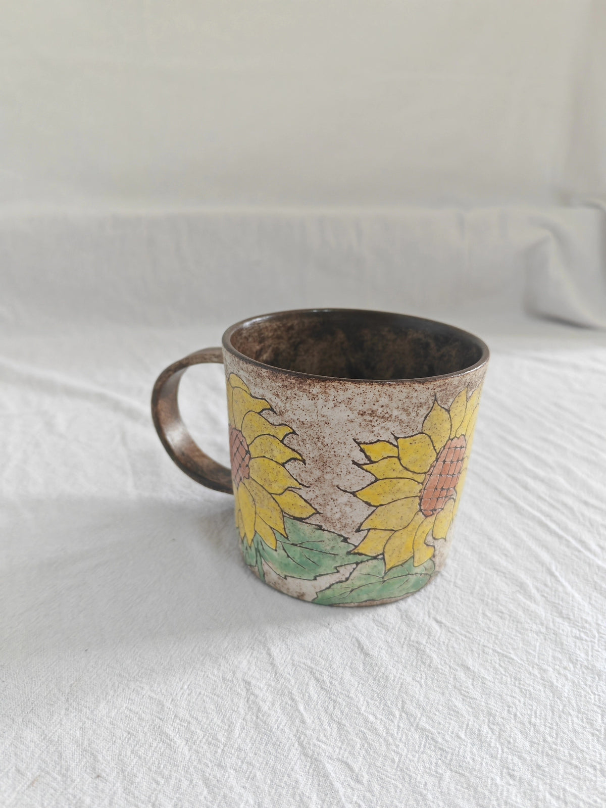Handmade Black Pottery Coffee Mug Sunflower
