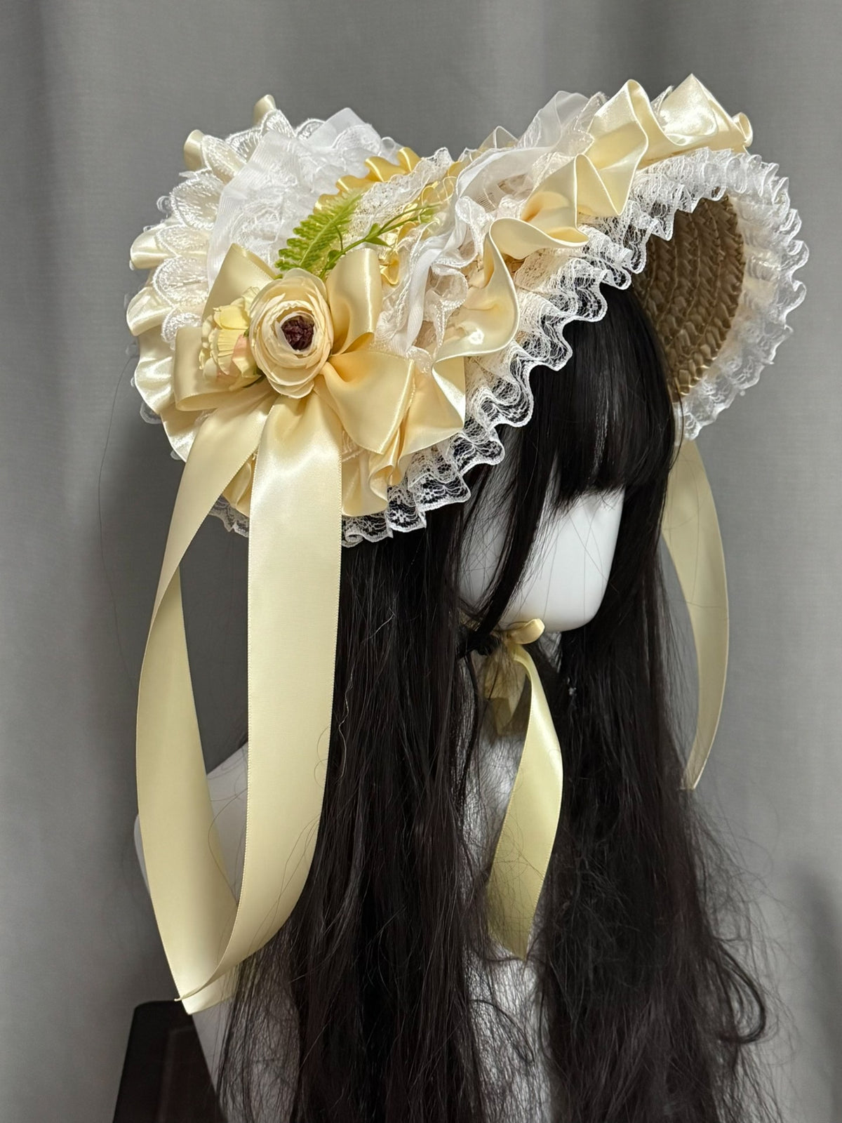 Yellow Lace Flower Lolita Straw Bonnet