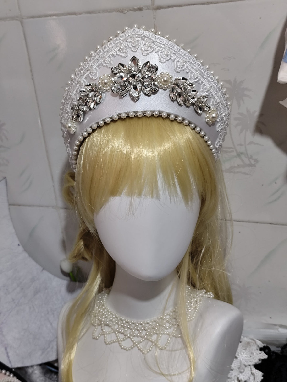 Silver White Lolita Kokoshnik Crown with Rhinestones