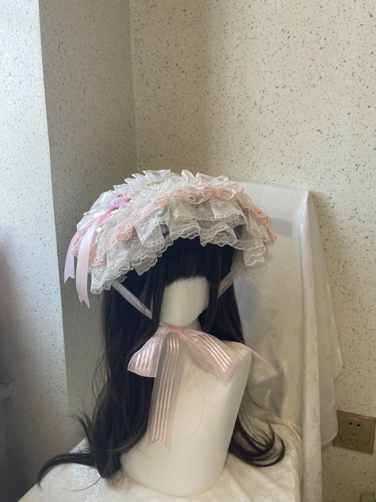 Lolita Pink White Lace Bonnet Hat