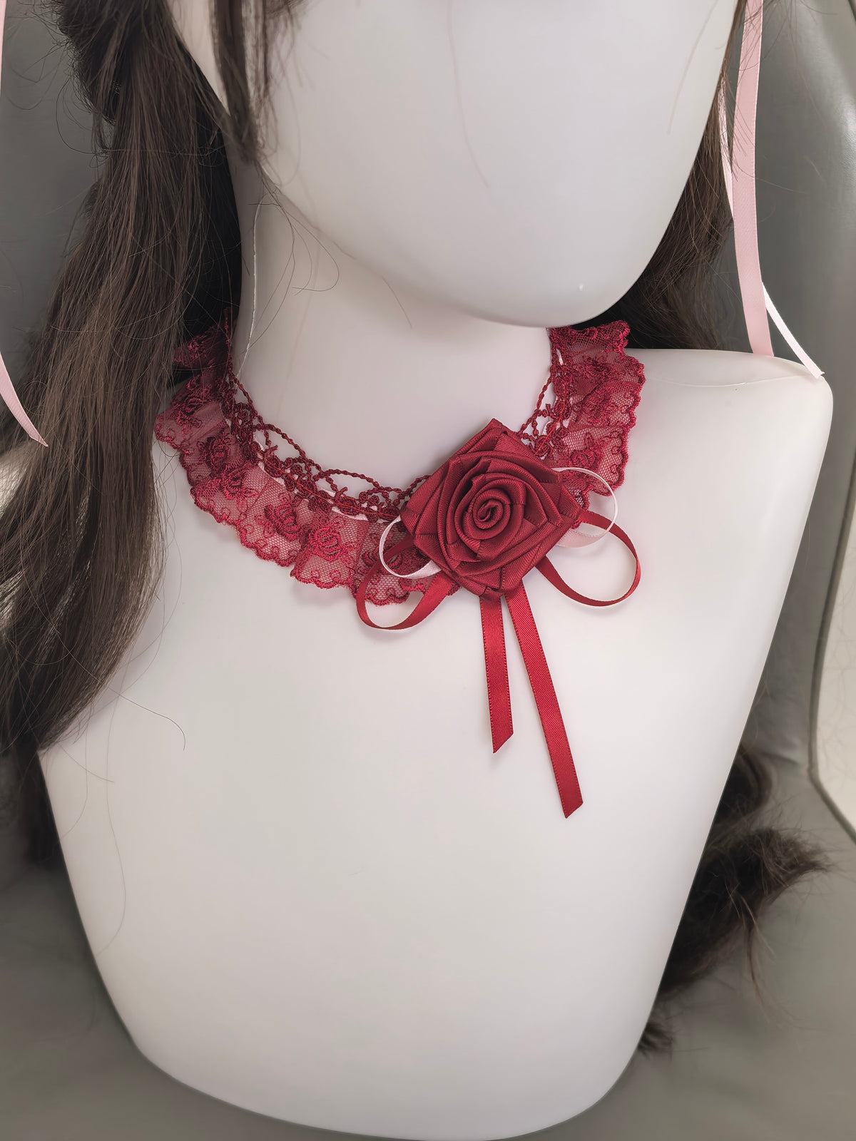 Wine Red Lace Rose Choker Necklace