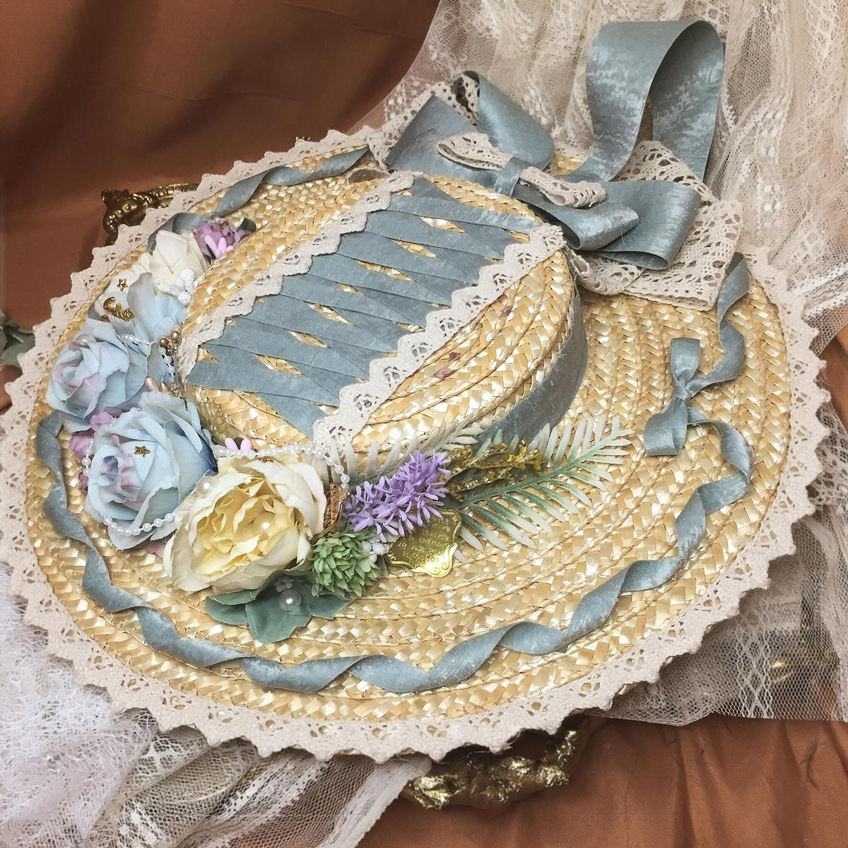 Lolita Straw Flat Hat with Floral Trim