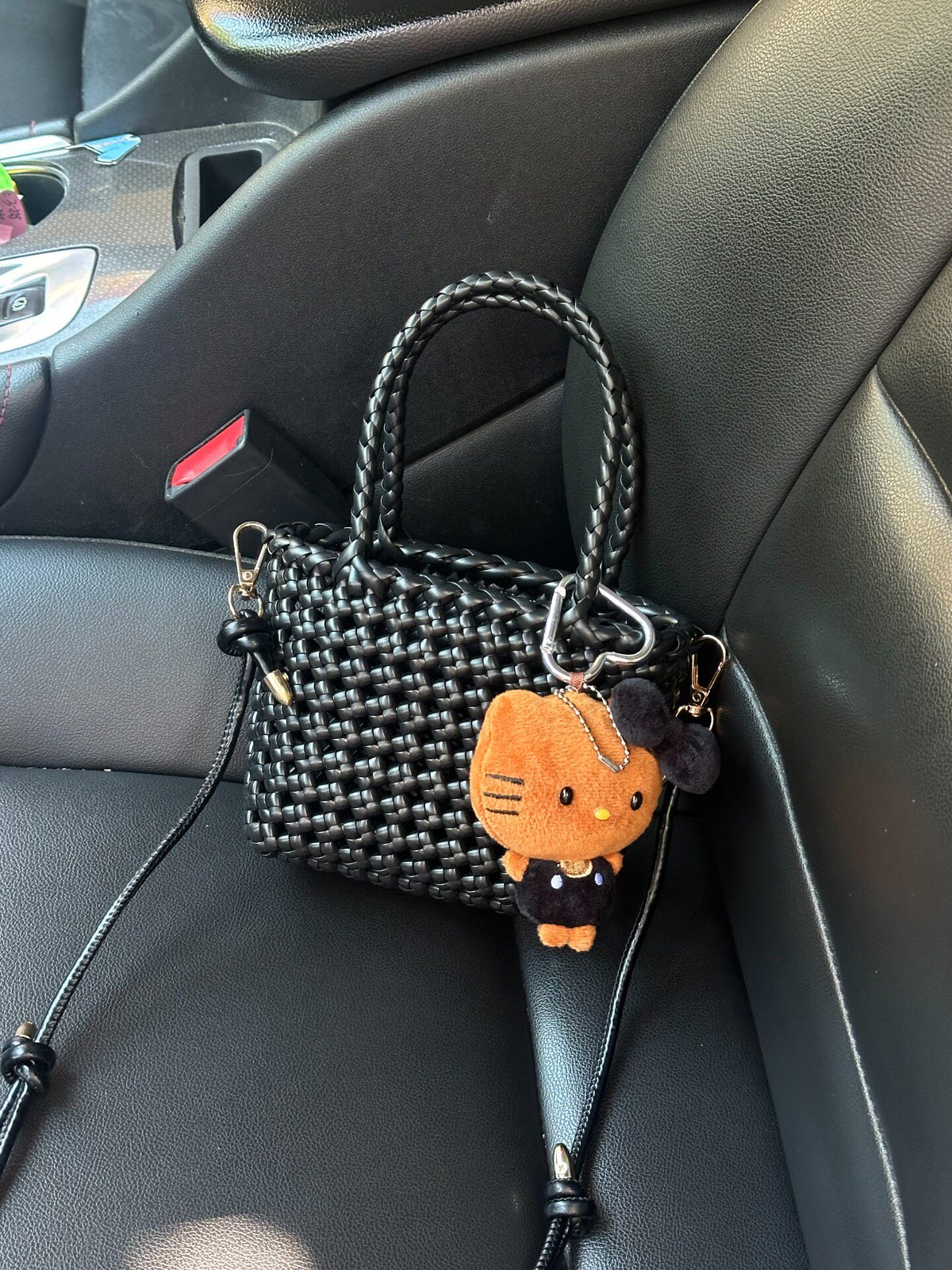 Handwoven Rattan Bag Black Cat Charm