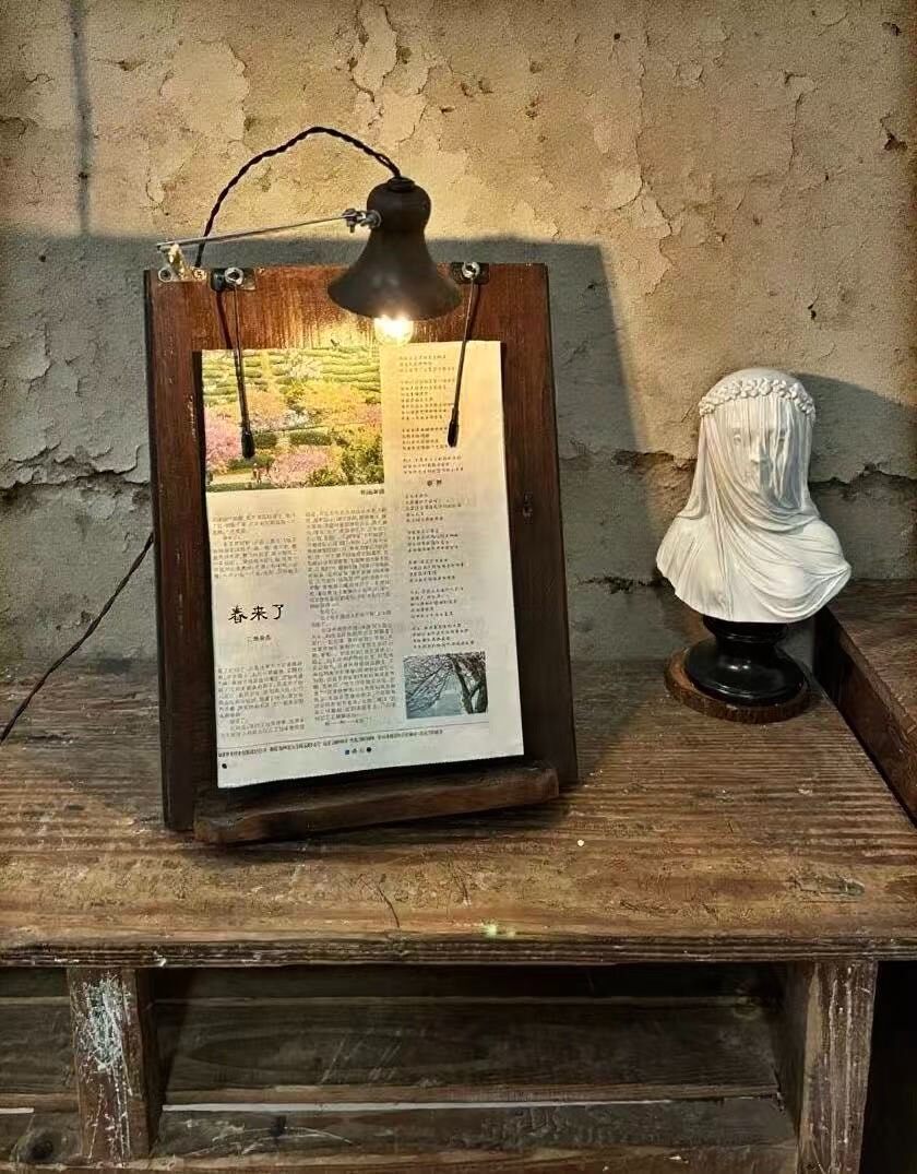 Vintage Wooden Board Desk Lamp with Iron Shade