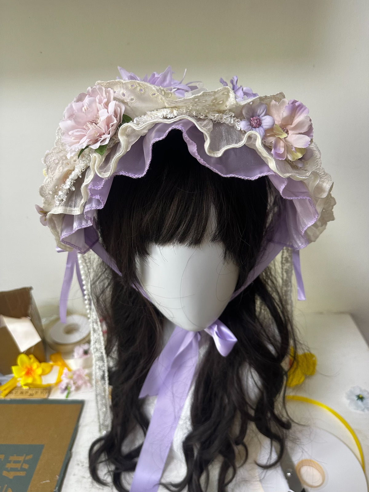 Purple Lolita Bonnet with Floral Ruffles