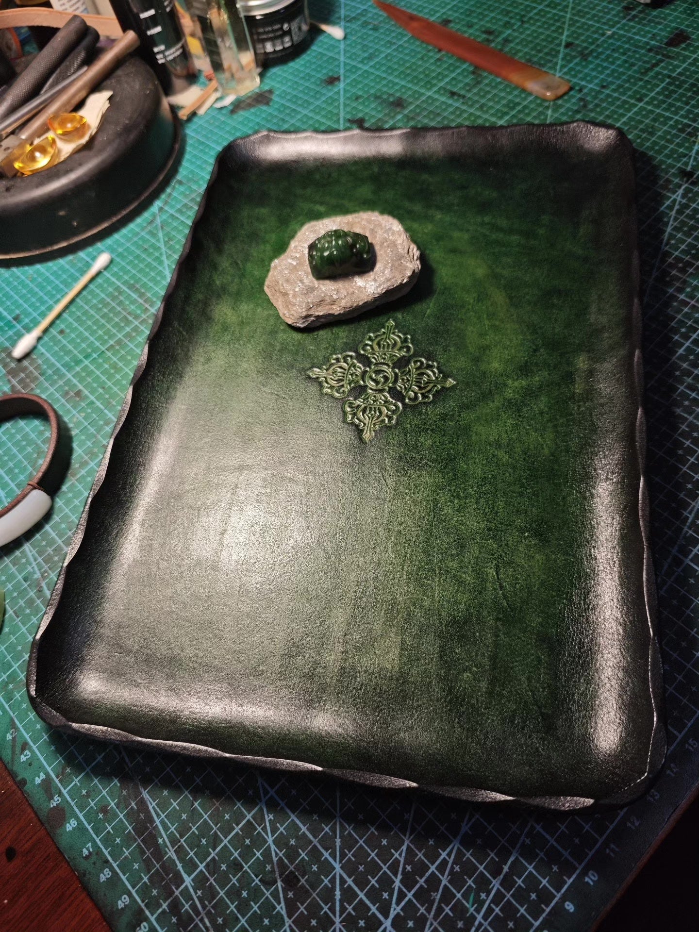 Emerald Green Leather Tray with Embossed Vajra Design