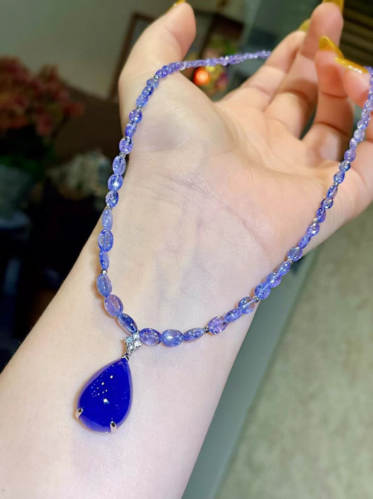 Deep Blue Teardrop Tanzanite Pendant Necklace with Violet Gemstone Chain