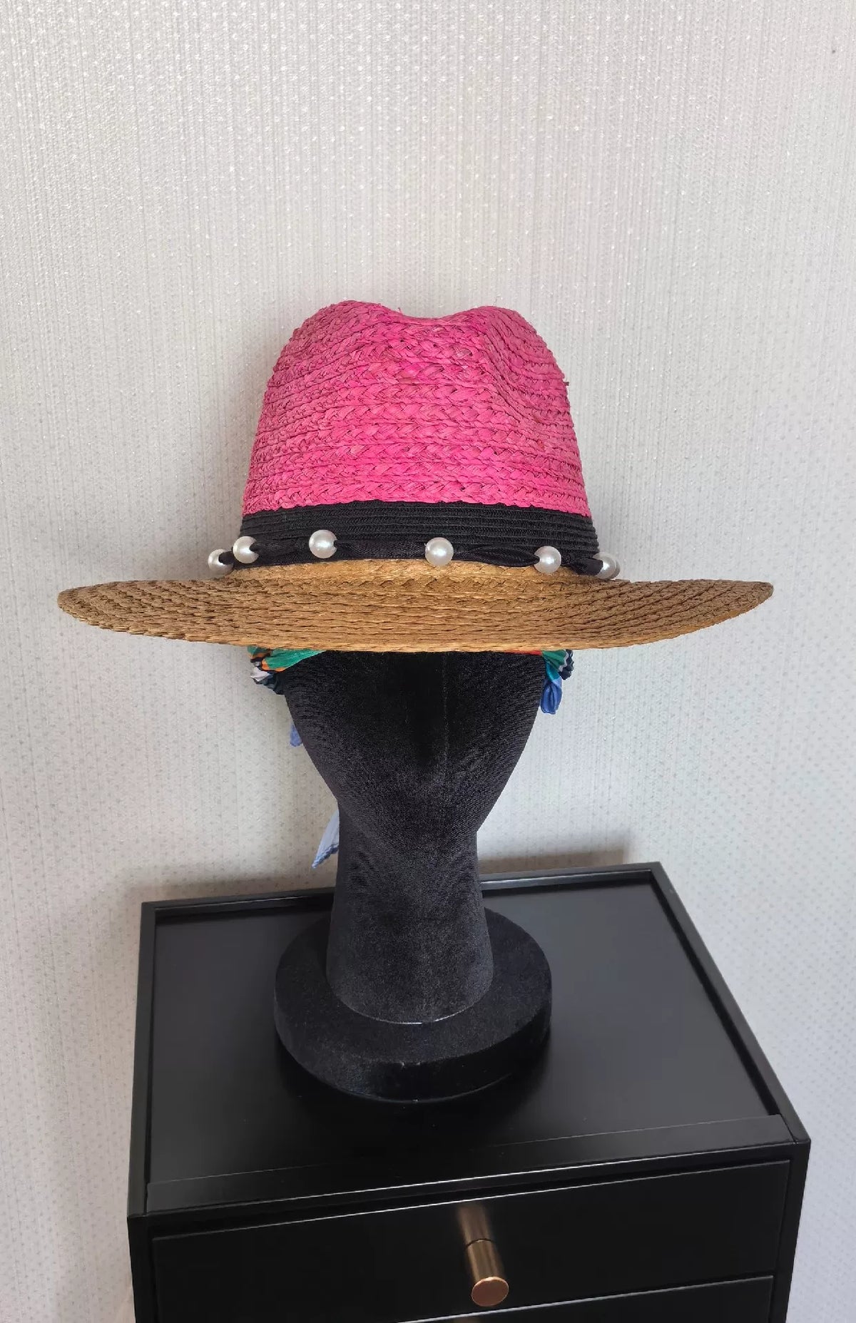 Pearl Band Pink Raffia Straw Sun Hat