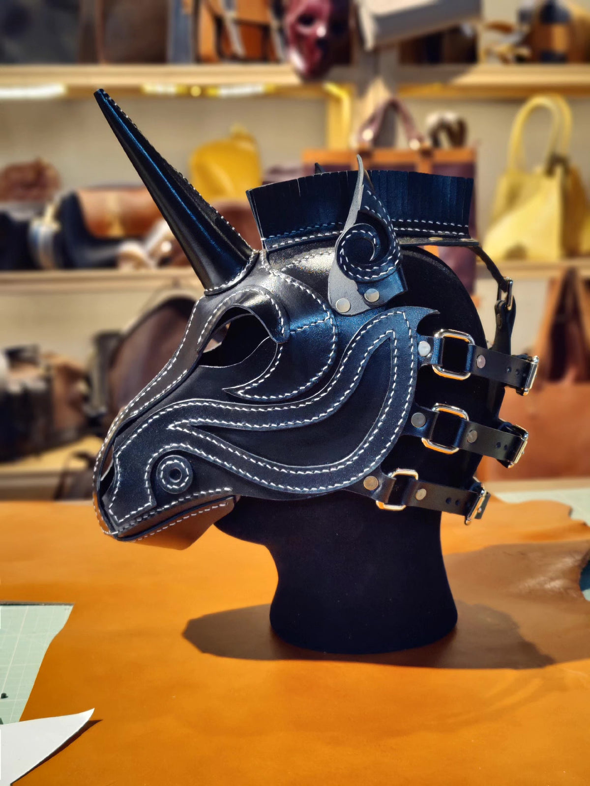 Handcrafted Leather Horse Mask Unicorn Horn