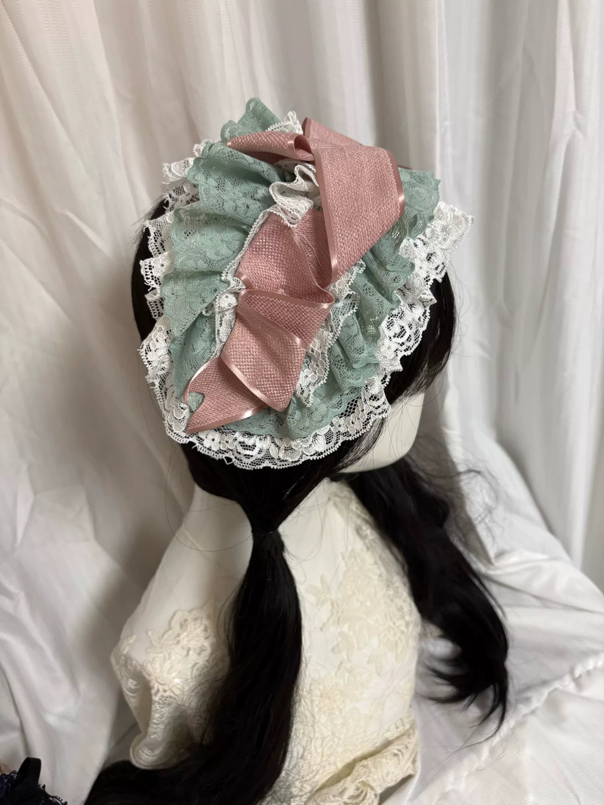 White and Mint Lace Ruffled Bonnet