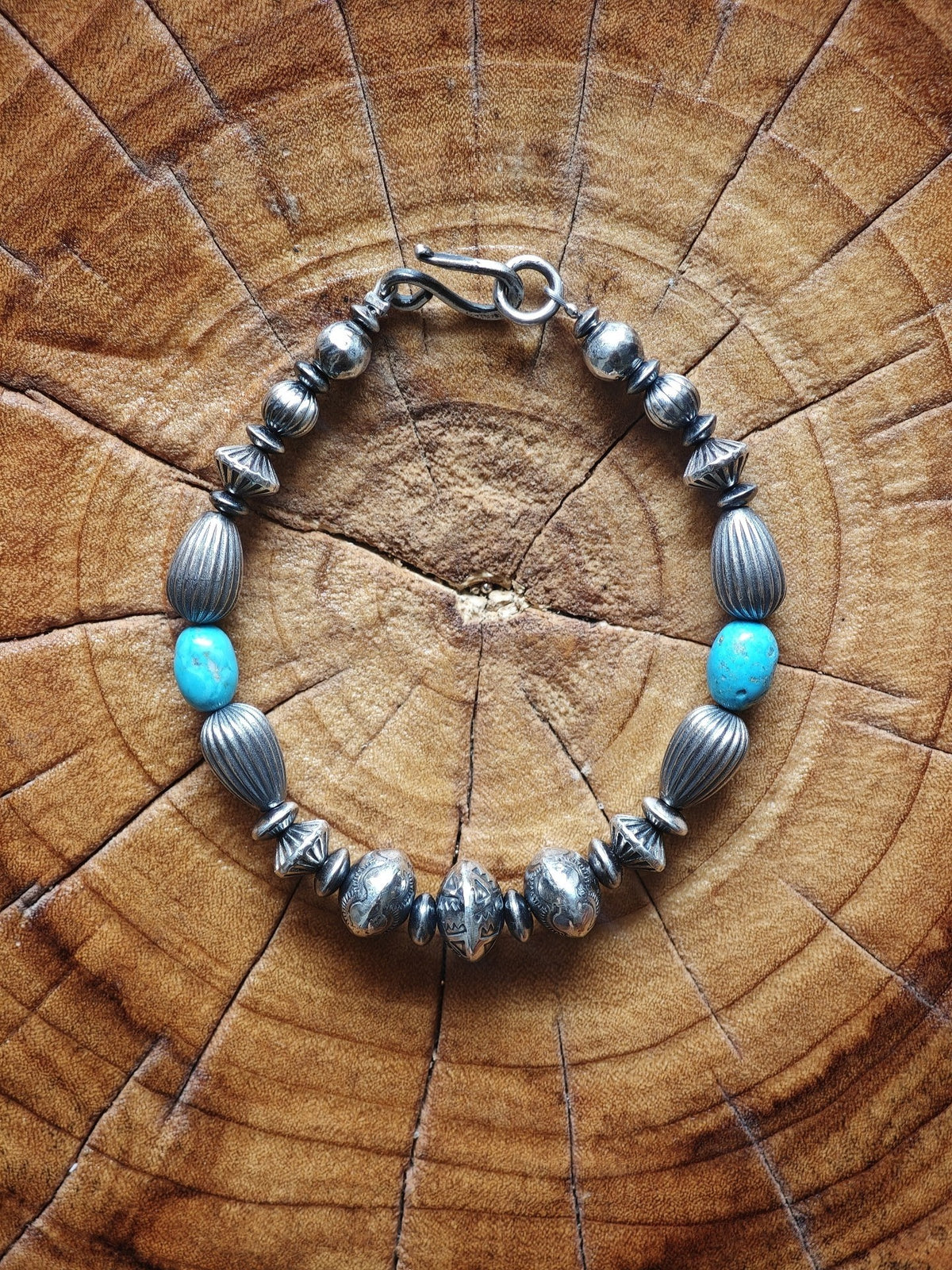 Handmade Navajo Silver Bead Turquoise Bracelet