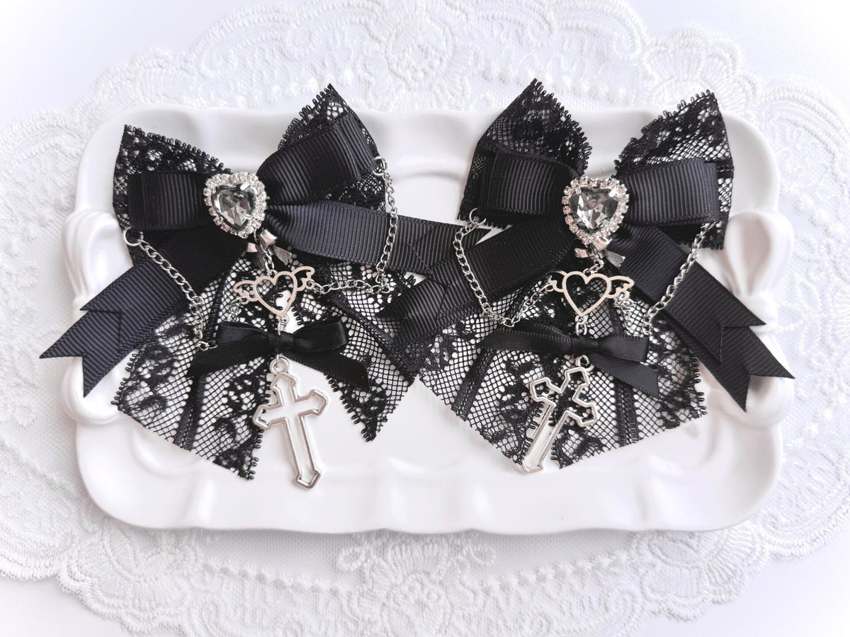 Black Lace Bow Hair Clips Pair