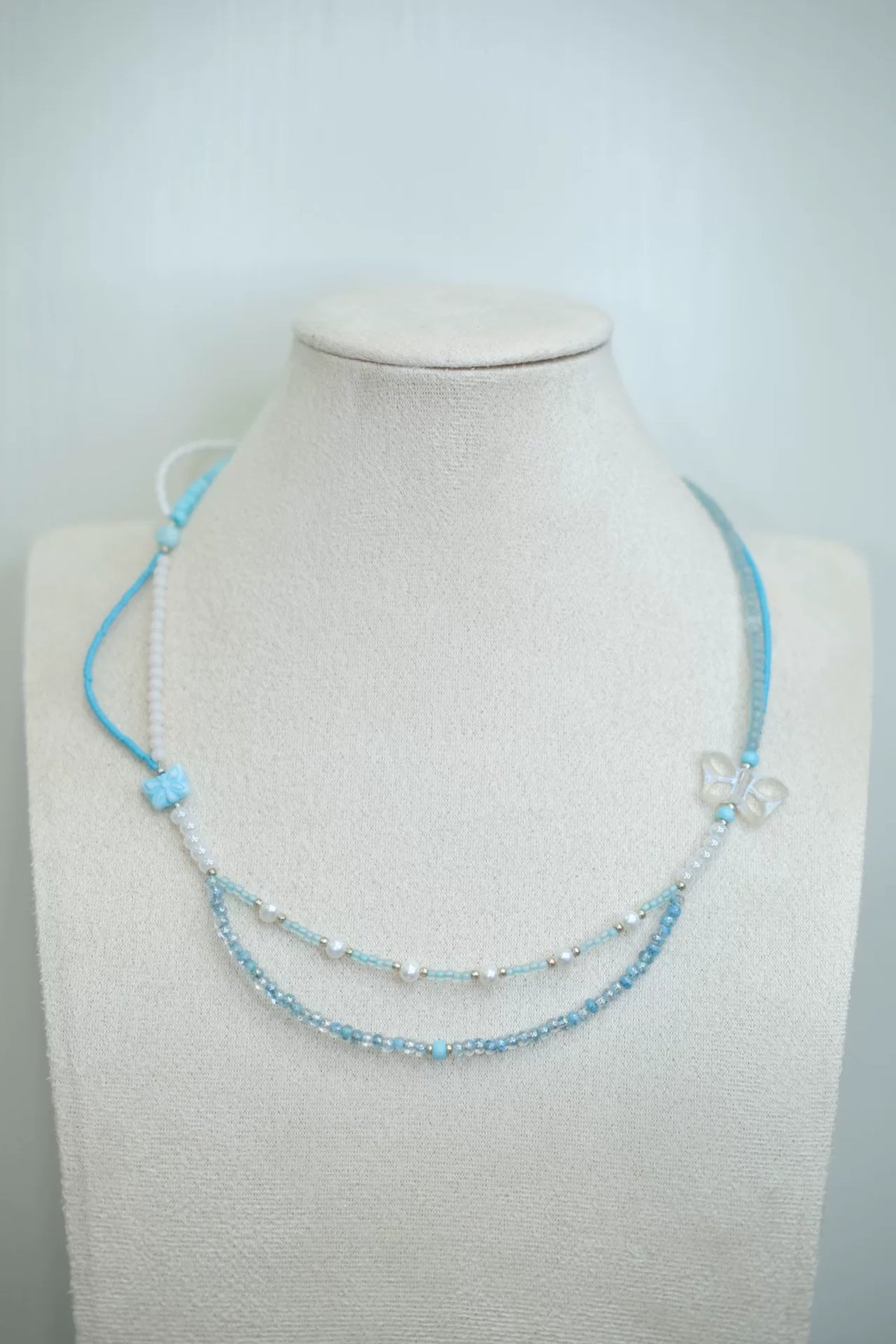 Double Layer Blue Butterfly Beaded Necklace