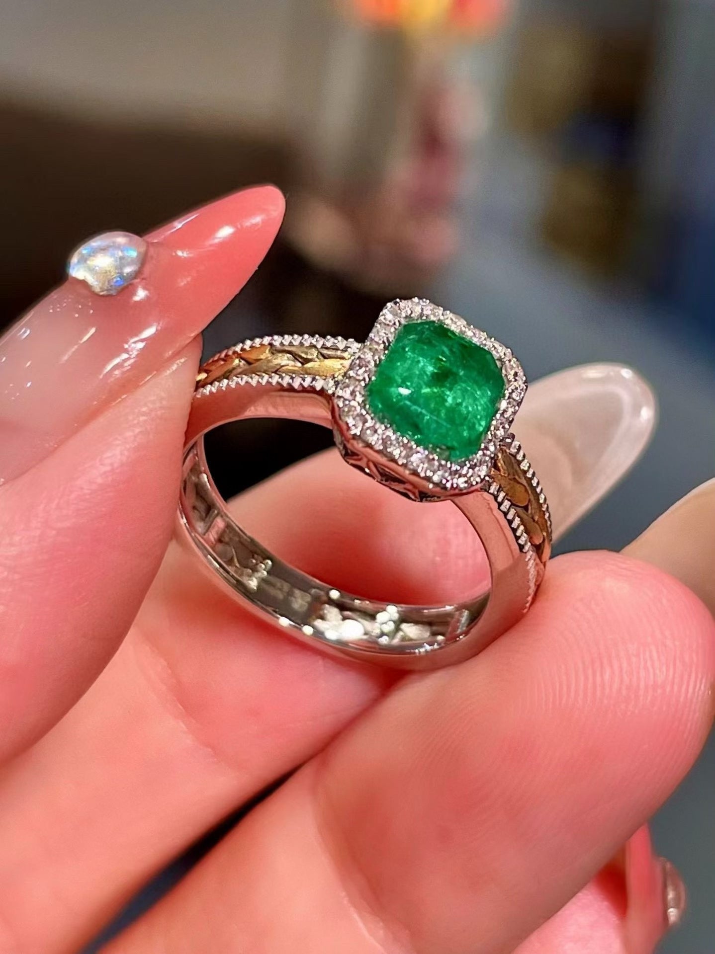 18k Tri-Color Gold Woven Band Emerald and Diamond Ring