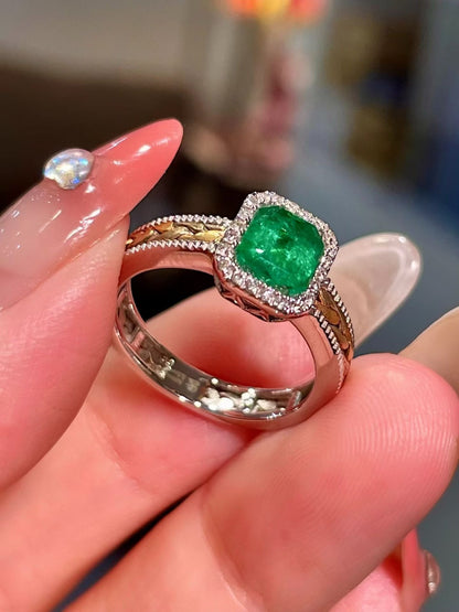 18k Tri-Color Gold Woven Band Emerald and Diamond Ring