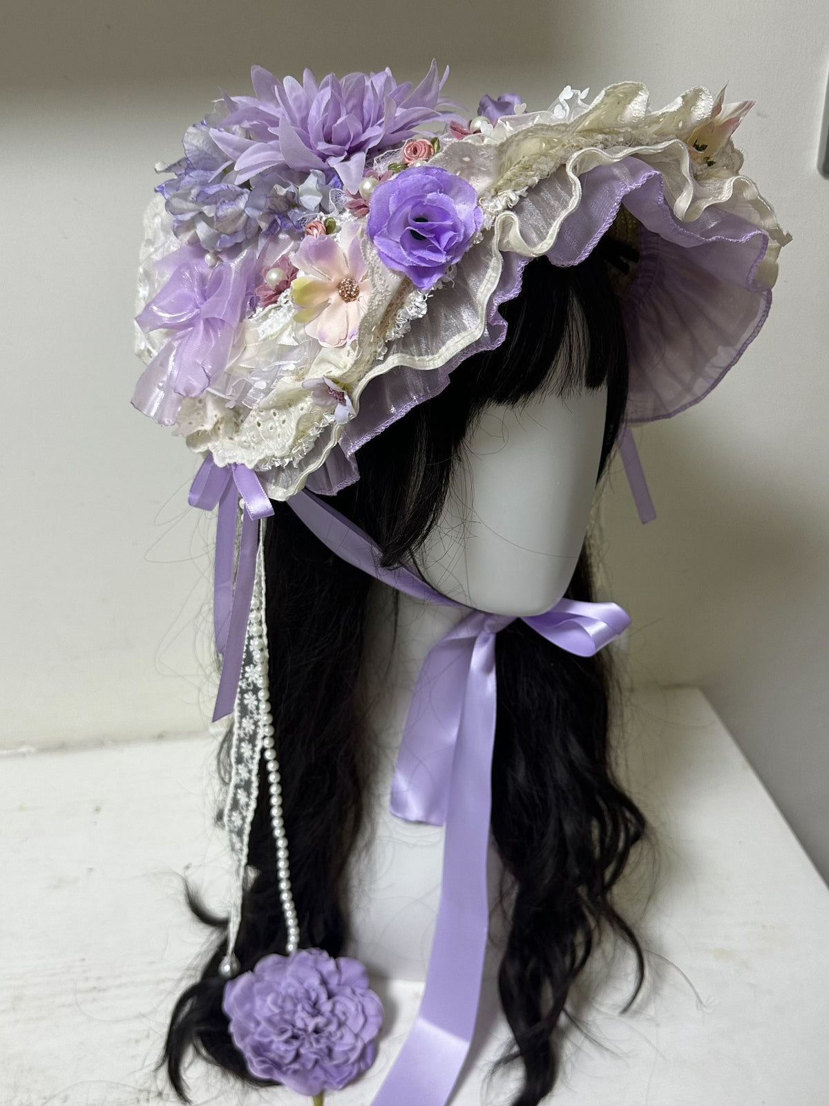 Purple Lolita Bonnet with Floral Ruffles
