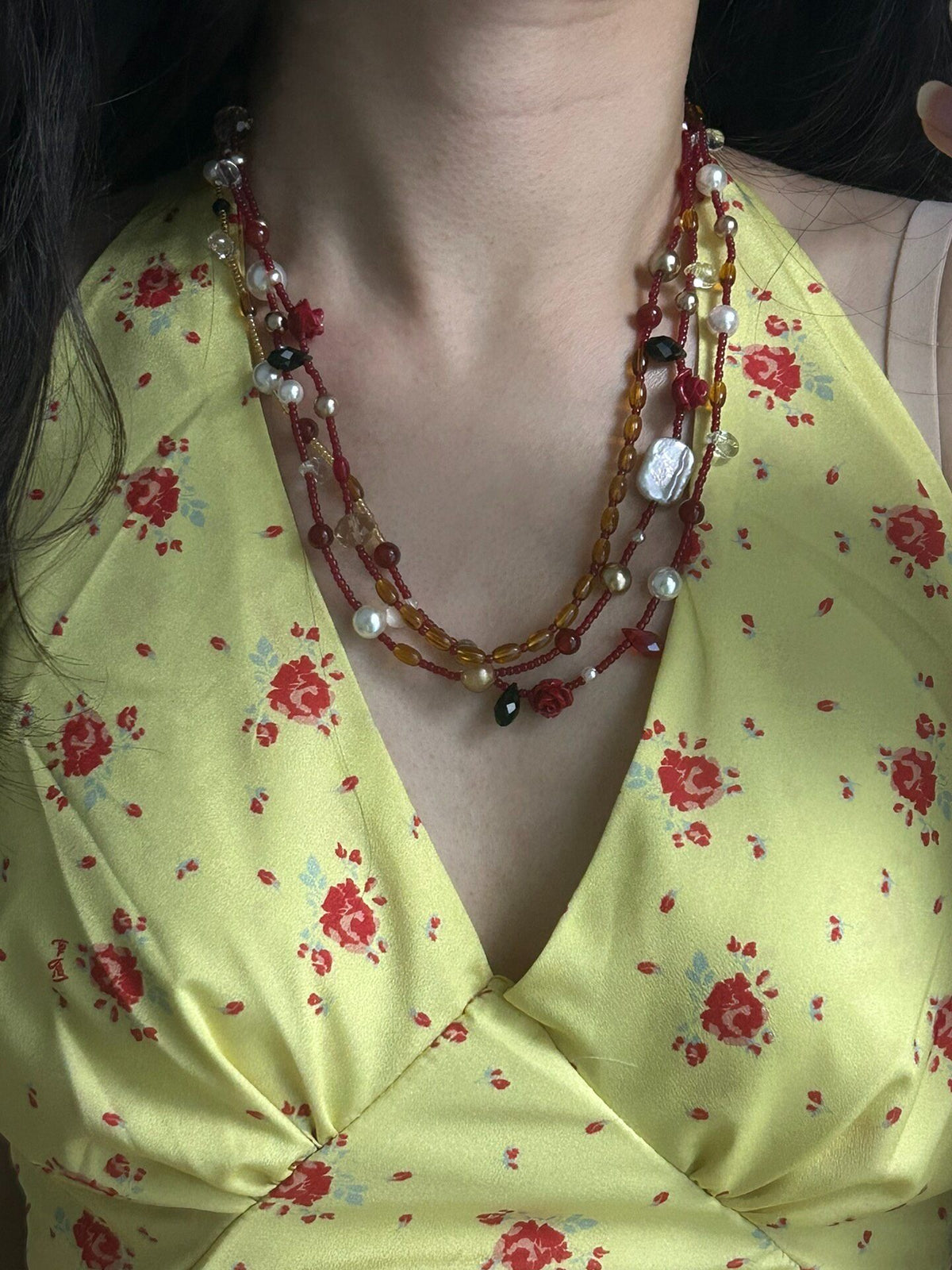 Agate Pearl Three-Layer Beaded Necklace