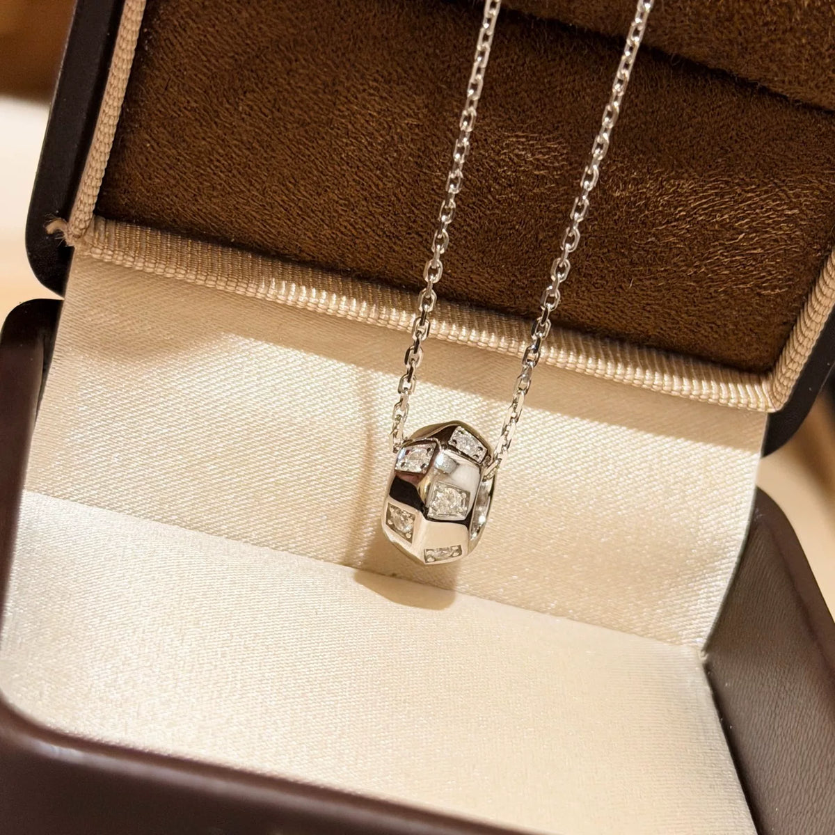 S925 Silver Checkerboard Roller Bead Necklace