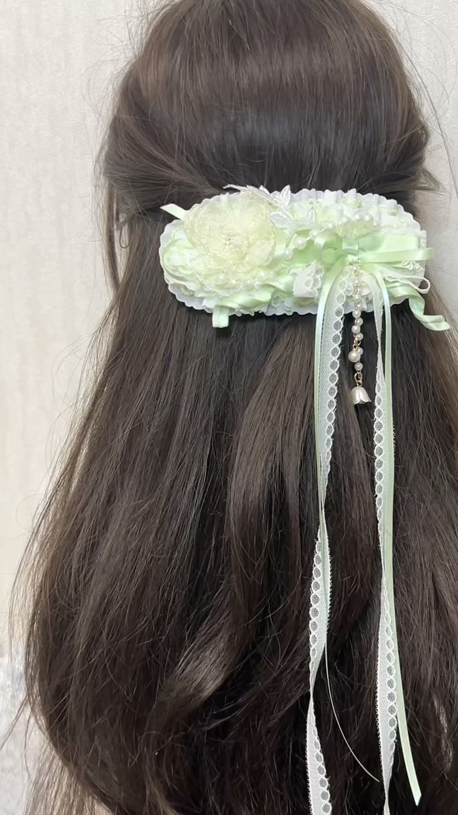 Mint Green Lace Flower Hair Clip with Ribbons