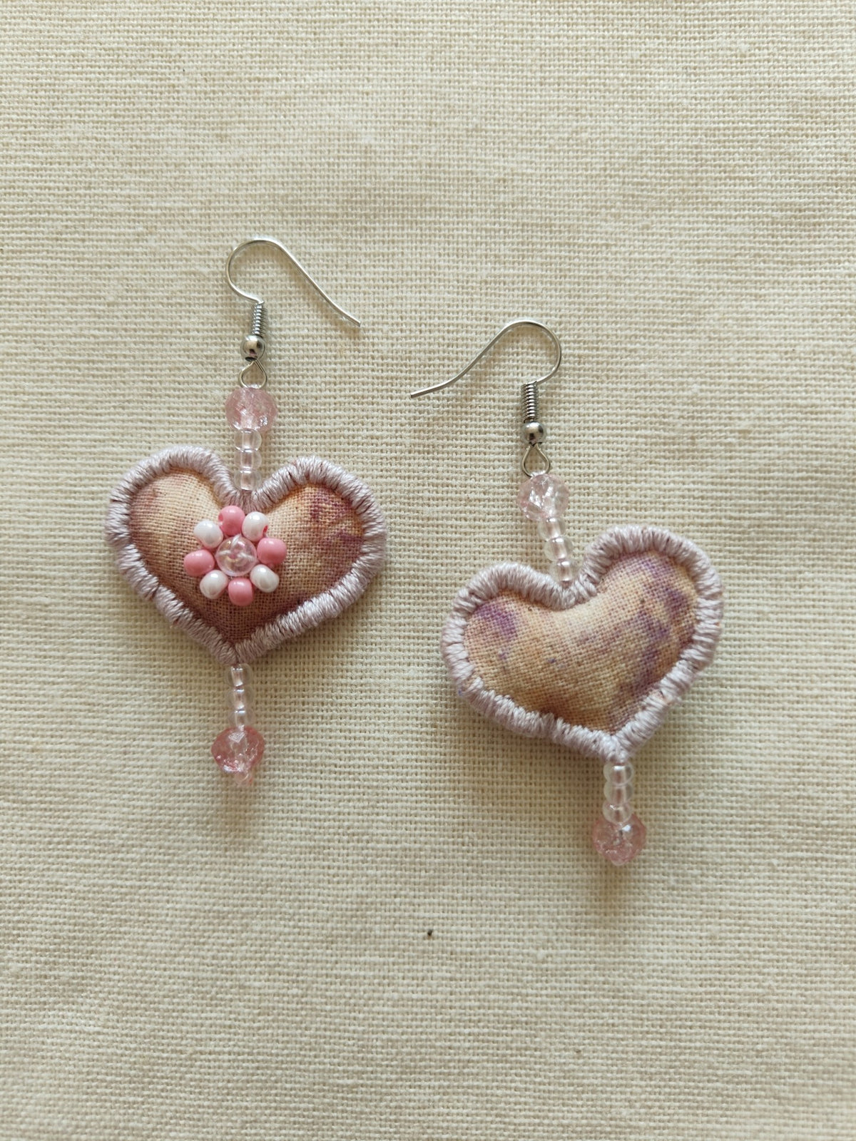 Handmade Fabric Earrings Pink Beaded Fringe