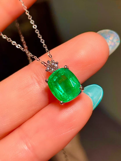 Platinum Cushion-Cut Emerald Pendant with Diamond Accent