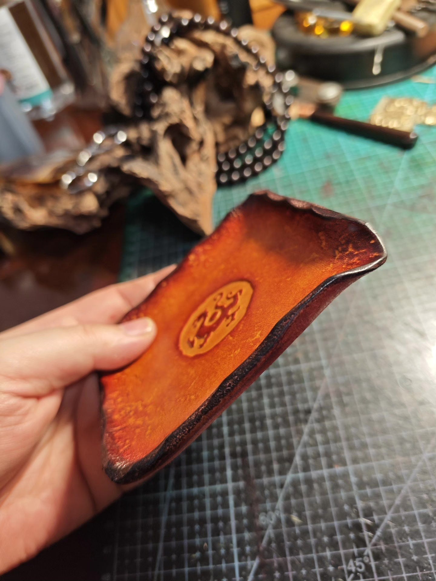Handcrafted Italian Leather Tray with Embossed Mythical Creature Emblem