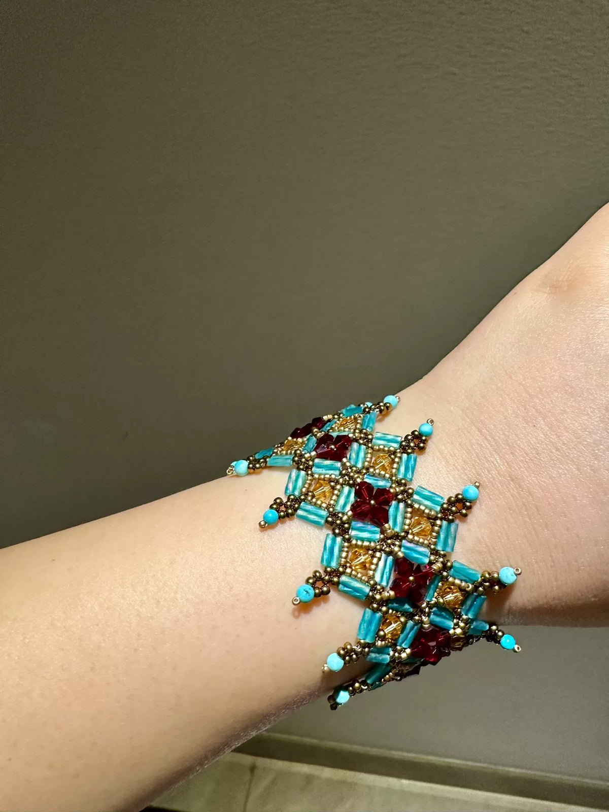 Persian Geometric Wide Cuff Bracelet Turquoise Red