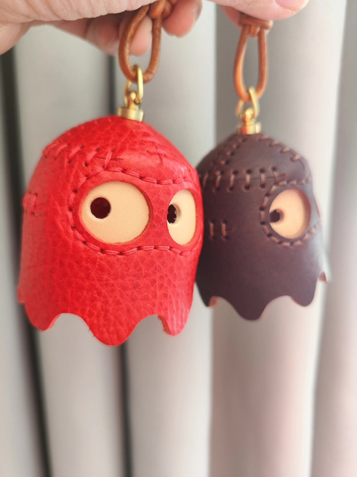 Ghost-Shaped Leather Pendant with Brass Ring and Leather Cord