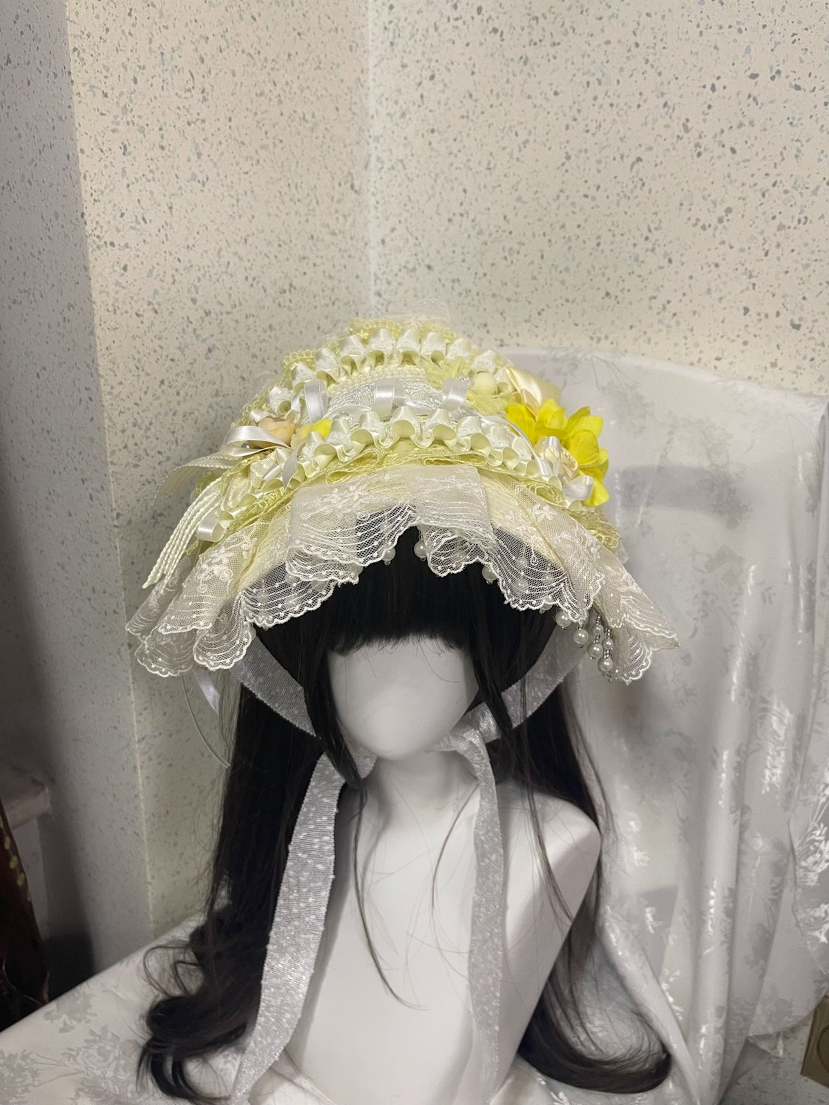 Lolita Bonnet Hat Yellow Lace Floral