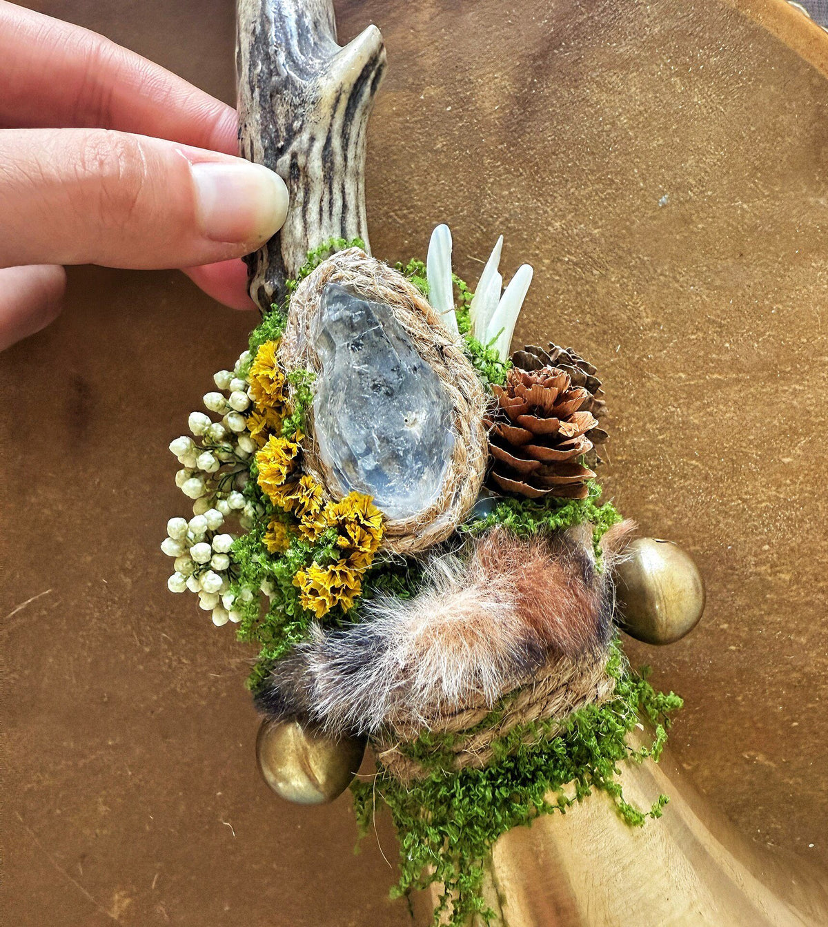 Witch Antler Crystal Shaker Bell with Moss