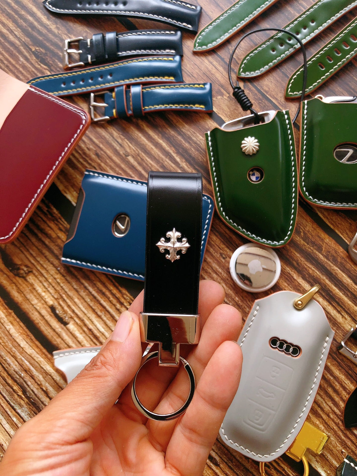 Black Leather Key Fob with Cross Stud